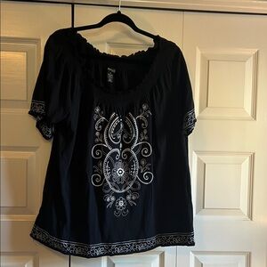 Style & Co Black Peasant Blouse with White Medallion Embroidery